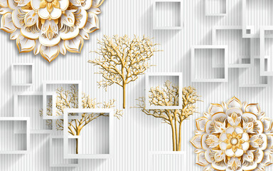 3D wallpaper, jewelry flowers on silk background. Celebration 3d background mural interior design
