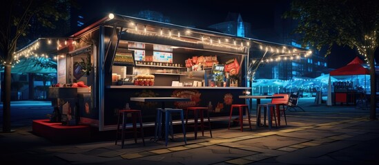Food Truck selling Burgers and Drinks. empty scene, with table chairs and umbrellas, nighttime atmosphere - obrazy, fototapety, plakaty