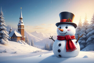 Obraz premium Snowman standing in Christmas landscape. A festive Christmas or snow background.