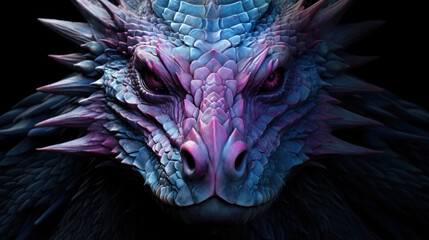 portrait d'un dragon bleu et rose sur fond noir - gros plan - obrazy, fototapety, plakaty