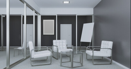 Open space office interior with like conference room. Mockup. 3D rendering.. Mockup.   Empty paintings