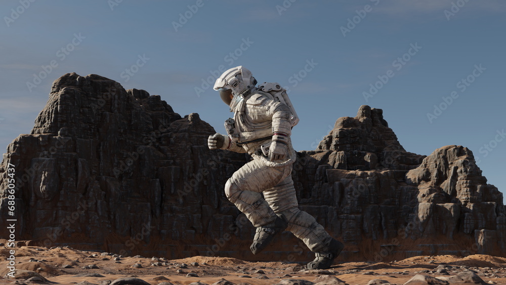 Poster astronaut running across planet mars, exploring other planets and worlds. cosmonaut in a white space