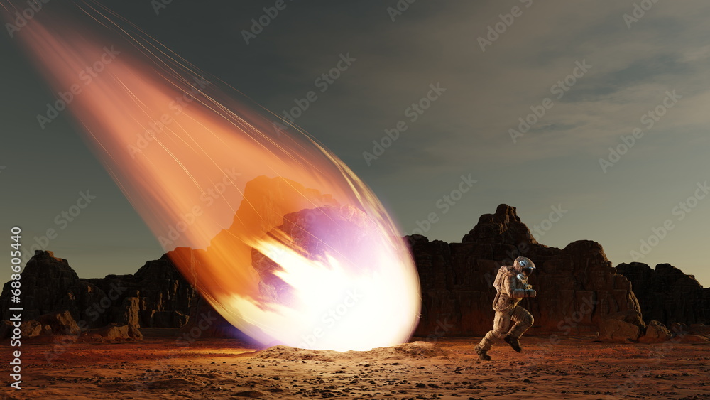 Poster astronaut escapes from falling comet asteroid, fiery asteroid from outer space crashes into surface 