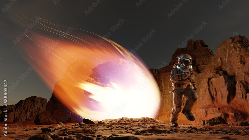 Poster astronaut escapes from falling comet asteroid, fiery asteroid from outer space crashes into surface 