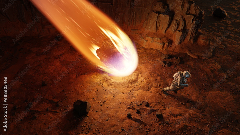 Poster astronaut escapes from falling comet asteroid, fiery asteroid from outer space crashes into surface 