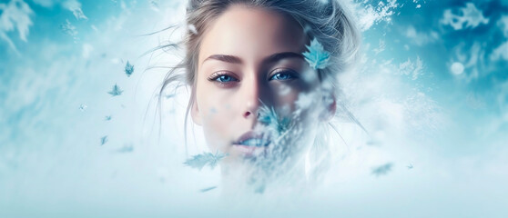 Young woman Girl in abstract  snow and water drops Fashion spa salon advertising. Abstract fashion concept.	