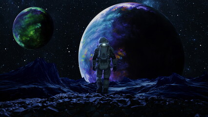 Astronaut cosmonaut discovery of new worlds of galaxies panorama, fantasy portal to far universe....