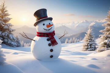 Obraz premium Snowman standing in Christmas landscape. A festive Christmas or snow background.