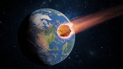 Asteroid, fall of comet to earth, Armageddon disaster, danger meteorite. Huge fiery comet is flying...