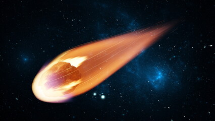 Asteroid, fall of comet to earth, Armageddon disaster, danger meteorite. Huge fiery comet is flying...