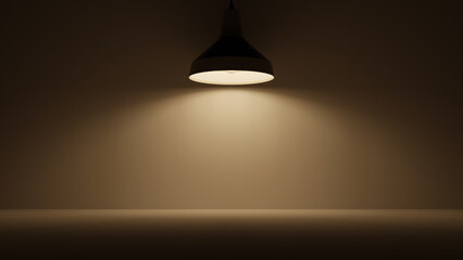 Lamp shines from above on empty podium background, interior design, free space. 3d render
