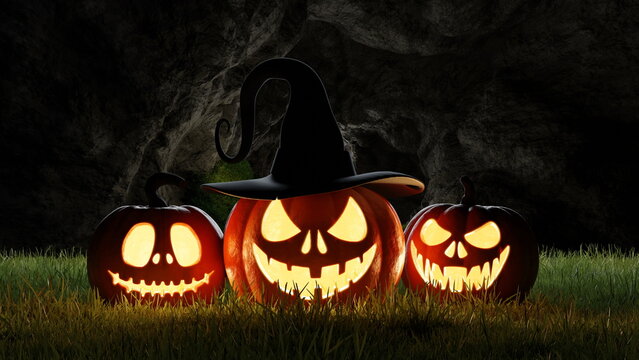 Scary glowing pumpkins at night in nature, Halloween. 3d render