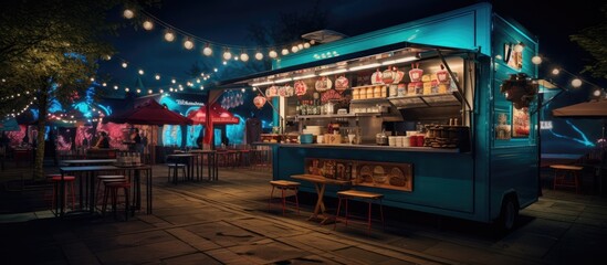 Food Truck selling Burgers and Drinks. empty scene, with table chairs and umbrellas, nighttime...