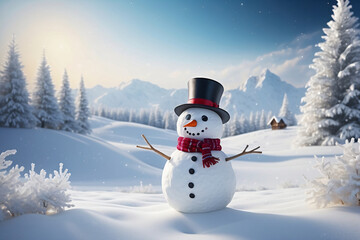 Obraz premium Snowman standing in Christmas landscape. A festive Christmas or snow background.
