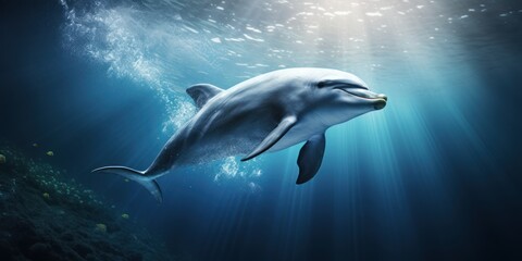 Sea dolphin deep underwater in sunny rays. Ocean life, wildlife. Conservation species and population