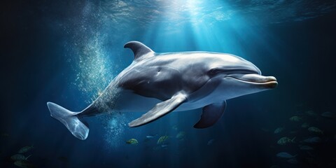 Obraz premium Sea dolphin deep underwater in sunny rays. Ocean life, wildlife. Conservation species and population