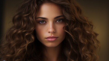 Portrait of a lovely young lady with long curly hair. Close-up of the face of a beautiful Caucasian model looking at the camera.
