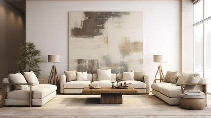 A modern minimalist living room with clean lines and neutral colors
