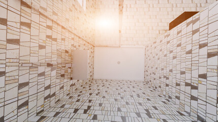 Clean and fresh bathroom with natural light. 3D rendering.. Sunset.