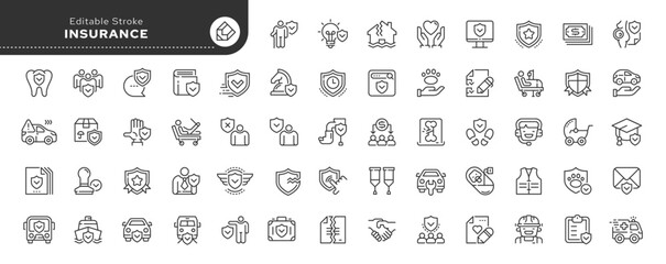 Set of line icons in linear style. Series - Insurance. Life, health, property, home and car accident insurance.Medical, transport and bank insurance. Outline icon collection. Pictogram and infographic