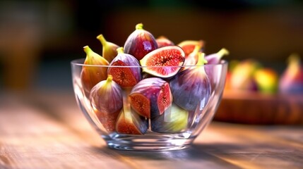 Fresh figs in a glass bowl on a wooden table. Selective focus. 3D illustration. Healthy Food Concept with Copy Space.