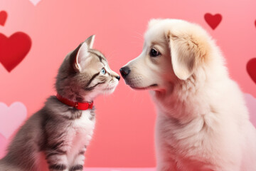 Fototapeta na wymiar Cat and dog, pink background, Valentine's Day 