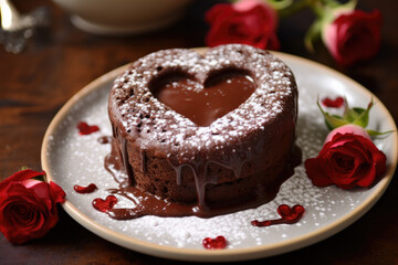 Fototapeta na wymiar Heart-Shaped Molten chocolate Lava Cake, top view, Valentine's Day Concept 