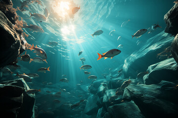 Seascape. An underwater landscape with a seabed and swimming fish. Sunlight sun rays through water. AI technology.