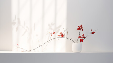 Red flowers in white vase on shelf, sunlight on white wall