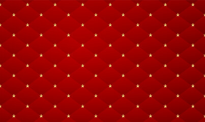 Red seamless Christmas and New Year pattern with gold stars. Leather upholstery textures, luxury sofa fabric. Red luxury background with golden stars beads. Elegant abstract backdrop. Vector EPS10.