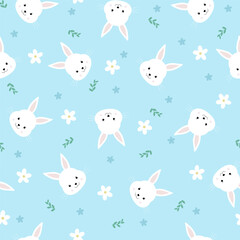 Fototapeta premium Seamless pattern white bunnies and spring flowers