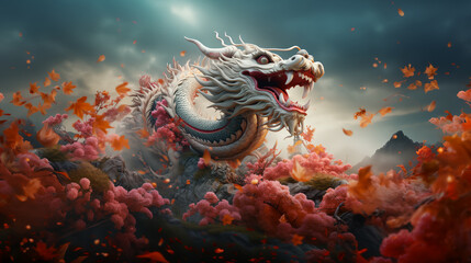 Chinese new year 2024. Asian celebration. Fantasy Chinese flying dragon