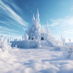 Fantasy castle in the snow and blue sky. 3d render. AI.