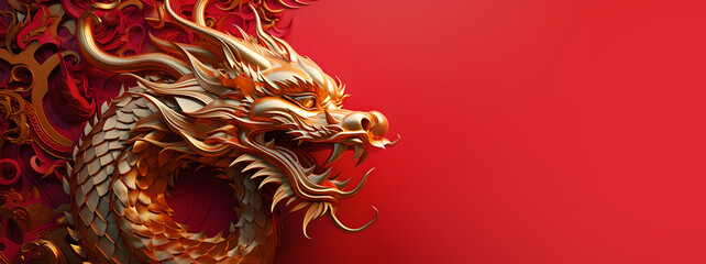 Golden Chinese new year dragon, on bright red background. Happy new year 2024 - obrazy, fototapety, plakaty