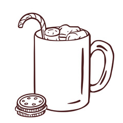 hot cacao and cookie. Hand drawn illustration  with Christmas decoration for cold days. Christmas mood doodle illustration in vector. Mug with cocoa and marshmallows. Concept for cafe