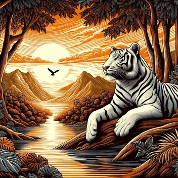 illustration of white tiger on nature, suitable for t-shirt design, block print style ai generate