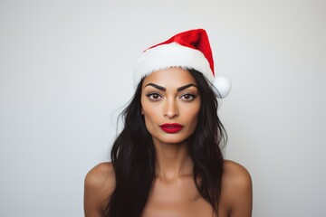Beautiful Indian Woman In Santa Hat On White Background