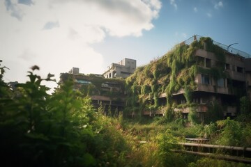 A post-apocalyptic future world without people, an abandoned city with plant growths. Generative AI