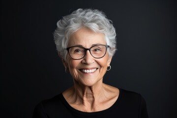 Happy Old Canadian Woman On Black Background. Сoncept Old Canadian Landscapes, Traditional Canadian Architecture, Canadian Wildlife, Canadian Food Specialties, Canadian Winter Sports