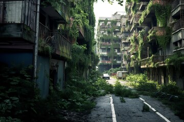 A post-apocalyptic future world without people, an abandoned city with plant growths. Generative AI