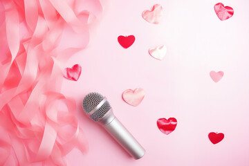 Fototapeta na wymiar Microphone on a pink background with hearts, Valentine Karaoke night 