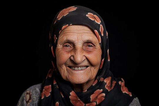 Happy Old Turkish Woman On Black Background