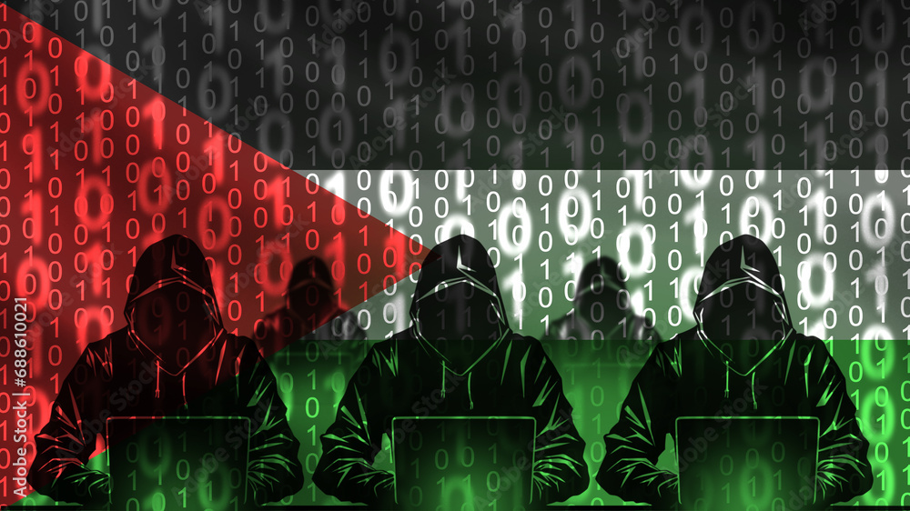 Poster silhouettes hackers with flag palestine. people in hoods are sitting at computer. hackers from gaza 