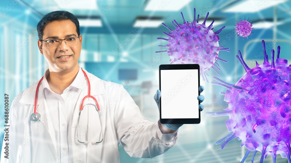 Poster man doctor with tablet computer. virologist smiles while standing in clinic. gadget with blank scree