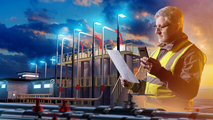 Man works at oil refinery factory. Fuel depot engineer. Industrial oil storage tanks. Man technologist holding phone. Oilman near pipeline for transporting oil. Inspector checks evening factory