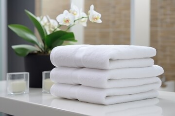 Fototapeta na wymiar Clean White Towels On Table In Bathroom. Сoncept Luxury Bathroom Decor, Fresh And Clean Towels, Elegant White Table Setting
