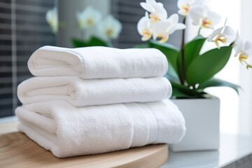 Obraz na płótnie Canvas Clean White Towels On Table In Bathroom