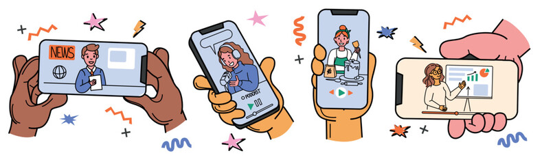Human hands with smartphone on white background. People holding phone and watching video online, news, live streaming, talk show, courses, training. Flat vector illustration digital screen, mobile app
