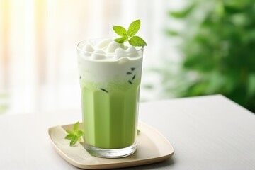 Glass Of Iced Matcha Latte On Home Background