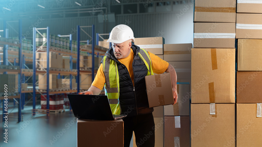 Poster warehouse worker. man with boxes inside storage. warehouse supervisor is using laptop. storekeeper i